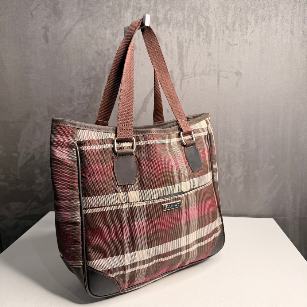 Ariat Tote Bag Women Medium Brown Burgundy Plaid Equestrian Canvas Zip Top